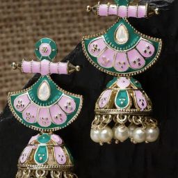 Karatcart Gold-Plated Pink And Blue Meena Jhumki Earrings for Women-19
