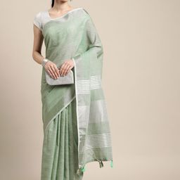 SANGAM PRINTS Sea Green Linen Blend Saree-image-72