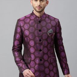 Theme Men Black & Purple Slim Fit Woven Design Single-Breasted Bandhgala Blazer-image-88