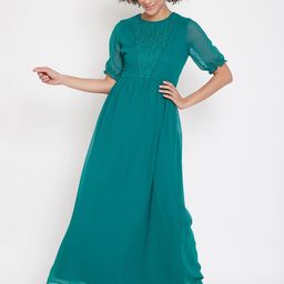 La Zoire Teal Georgette Maxi Dress with Lace Detailing-image-52