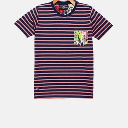 Duke Boys Navy Blue & Peach-Coloured Striped Round Neck T-shirt-image-99