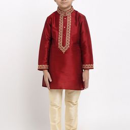 TREEMODA Boys Red & Beige Yoke Design Raw Silk Kurta with Pyjamas-38