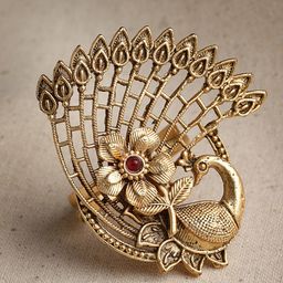 PANASH Gold-Plated & Stone-Studded Peacock Design Adjustable Finger Ring-9