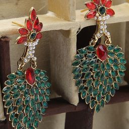 ANIKAS CREATION Gold-Plated Cubic Zirconia Studded Contemporary Drop Earrings-11