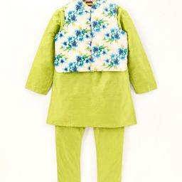 Twisha Krishna Print Full Sleeves Kurta With Pyjama & Jacket - Green-20