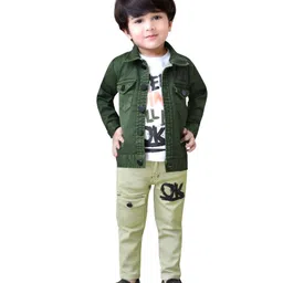 DOTSON Full Sleeves Solid Jacket With Half Sleeves Text Printed Tee & Pant Party Set - Green-picture-28
