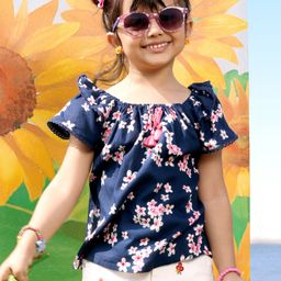 Babyhug Rayon Woven Half Sleeves Boat Neck Top with Tassel Detailing & Floral Print - Navy Blue-image-84