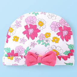 Babyhug 100% Cotton Knit Cap With Bow Applique Floral Print -Multicolor-image-40