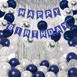 Surprise Decor Blue Birthday Decorations, Birthday Supplies, Birthday Banner, Blue White Silver Confetti Latex Balloons with 2 Foil Fringe Curtains, Birthday Decorations-image-75
