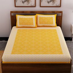 UniqChoice Color 100 Percent Cotton Jaipuri Traditonal Double BedSheet With 2 Pillow Cover - Yellow-picture-14