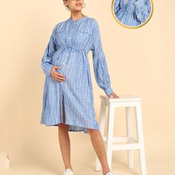 Zelena 100% Cotton Full Sleeves Striped Maternity Dress With Button Closure Nursing Access - Sky Blue-image-7