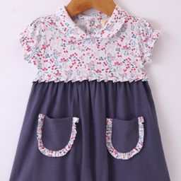 Zero Sinker Knit Half Sleeves Peter Pan Collared Frock With Floral Print - Navy-image-11