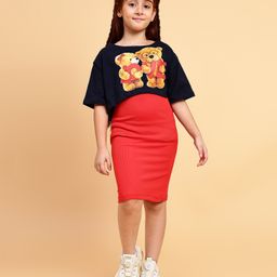Little Marine Ribbed A Line Dress With Half Sleeves Teddy Printed Crop Top  - Black & Red-image-91