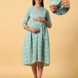 CRAFIQA Three Fourth Sleeves Floral Swirl Printed Maternity Dress With Concealed Zipper Nursing Access - Sea Blue-image-68