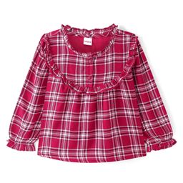 Babyhug Rayon Knit Full Sleeves Top with Frill Detailing & Check  Print - Red-image-88