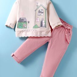 ToffyHouse Fleece Knit Full Sleeves Winter Wear T-Shirt & Trouser Set With House Print - Ivory & Pink-image-94