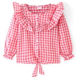 Babyhug Rayon Knit Full Sleeves  Checked Top with Frill & Knot Detailing - Pink-image-101