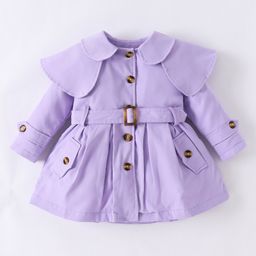 Kookie Kids Full Sleeves Front Open Collar Neck Trench Coat with Waist Belt - Lavender-image-44
