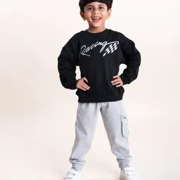 Kiddopanti Fleece Full Sleeves Racing Text Printed Sweatshirt With Track Pants - Jet Black & Grey Melange-picture-40