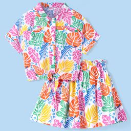 Babyhug Rayon Woven Half Sleeves Mandarin Collared Top & Skirt with Floral Print - White Pink & Yellow-image-47