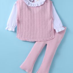 ToffyHouse Knitted Full Sleeves Winter Wear Frilly Neckline T-Shirt with Designer Sweater & FlairedTrouser - Pink-image-36