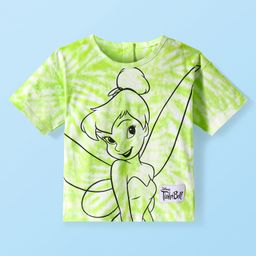 Babyhug Disney Cotton Knit Half Drop Shoulder Sleeves Oversized T-Shirt with Tinker Bell Graphics - Light Green-image-7