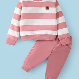 Little Kangaroos Fleece Knit Full Sleeves Striped Winter Wear Sweatshirt & Joggers Set - Pink-picture-26