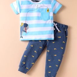 Mini Taurus Cotton Knit Half Sleeves T-Shirt & Joggers Set with Stripes & Sea Life Print - Light Blue-image-54