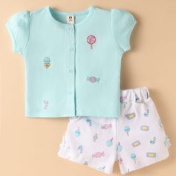 ToffyHouse Woven Half Sleeves Front Open Top & Shorts Set With Candy Print & Patch - Sea Green & White-picture-10