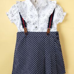 ToffyHouse Knit Half Sleeves Top & Skirt Set With Bunny Print & Suspender - White & Navy Blue-image-66