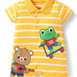 Babyhug 100% Cotton Knit Half Sleeves Striped Romper With Animal Print - Yellow-picture-13
