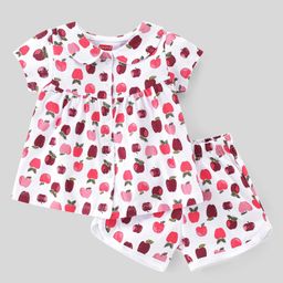 Babyhug Single Jersey Knit Half Sleeves Shorts Night Suit Apple Print - White-image-31