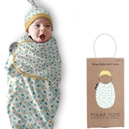 Polka Tots Cotton Heart Print Swaddle Wrap With Cap For New Born Baby - White & Blue-image-95
