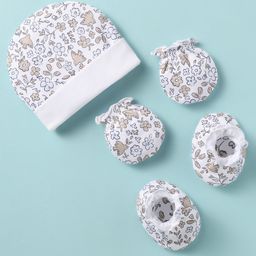 Ben Benny 100% Cotton Interlock Knit Cap Mittens & Booties Set With Floral Print White -Diameter 9 cm-11