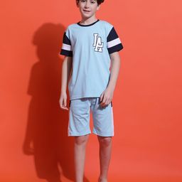 Lil Tomatoes Cotton Jersey Knit Half Sleeves La Text Printed Night Suit Set - Sky Blue-image-79