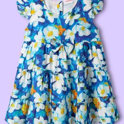 Babyhug 100% Cotton Sleeveless Floral Printed Tiered Dress - Blue-picture-1