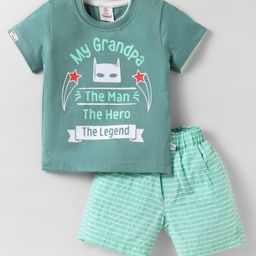 Mini Donuts Cotton Knit Half Sleeves T-Shirt & Shorts with My Grandpa Text Print - Light Green-image-53