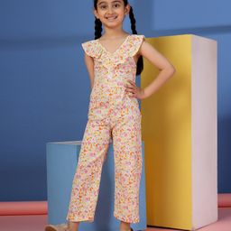 Budding Bees Cotton Woven Sleeveless Floral Printed Frill Detailed Jumpsuit - Yellow-picture-44