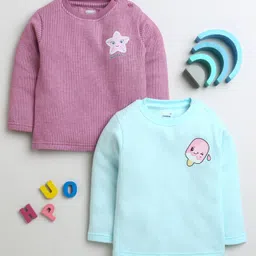 BUMZEE Cotton Knit Full Sleeves Jhablas With Stripes & Star Fish Print Pack Of 2 - Aqua & Lilac-picture-45