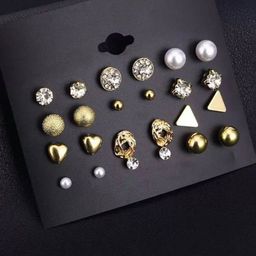 PolluxCraft Set of 12 Gold-Plated Stones Studded And Beaded Circular Shaped Korean Studs-17