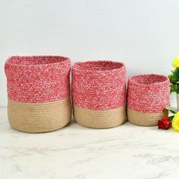 Homefab India Red & Beige 3 Pieces Braided Woven Cotton Planter Baskets-11
