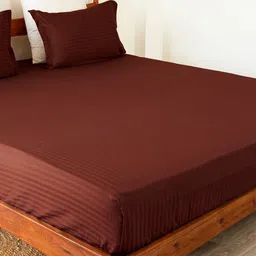 HOMEMONDE Maroon Striped Cotton Fitted 300 TC King Bedsheet with 2 Pillow Covers-image-52