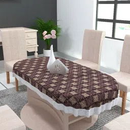 MONKDECOR Brown & White Ethnic Motifs Printed Waterproof Oval 8-Seater Table Cover-17