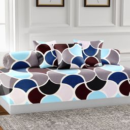AEROHAVEN Set of 6 Blue & Brown Geometric Printed Glace Cotton 210 TC Diwan Set-54