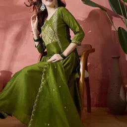 Sangria Green Yoke Design Embroidered V-Neck Straight Kurta With Trousers And Dupatta-24