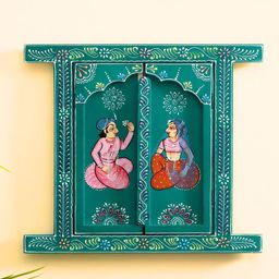apka mart Green & Pink Printed Jharoka With Openable Doors Hanging Wooden Wall Decor-13