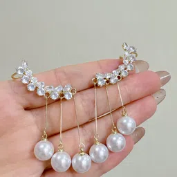 VAGHBHATT Korean Gold-Plated Artificial Stones Studded & Pearls Beaded Tasselled Ear Cuff-10