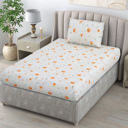 BOMBAY DYEING Grey & Orange Floral 104 TC Single Bedsheet with 1 Pillow Covers-image-10