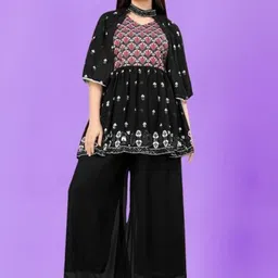 PARROT CREATION Floral Embroidered V-Neck Georgette A-Line Kurti With Palazzo And Cape-image-68