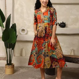 House Of Attire Women Lapel Collar Abstract Print Fit and Flare Pure Cotton Dress-image-73